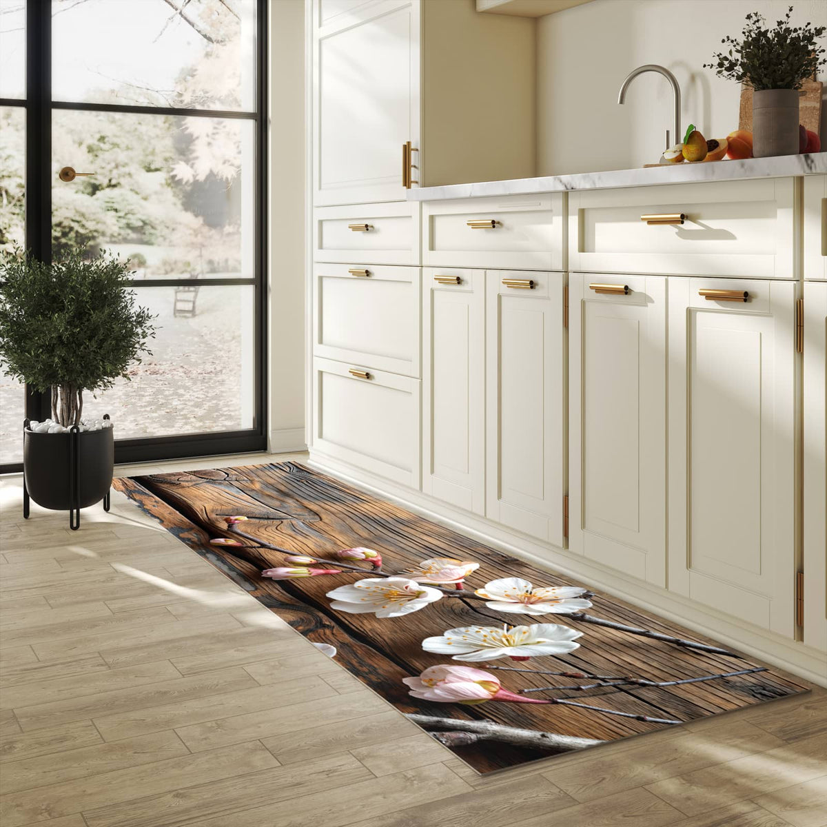 Komfortabler Küchenläufer nach Maß mit Motiv Kirschblüten Holz in heller Küche