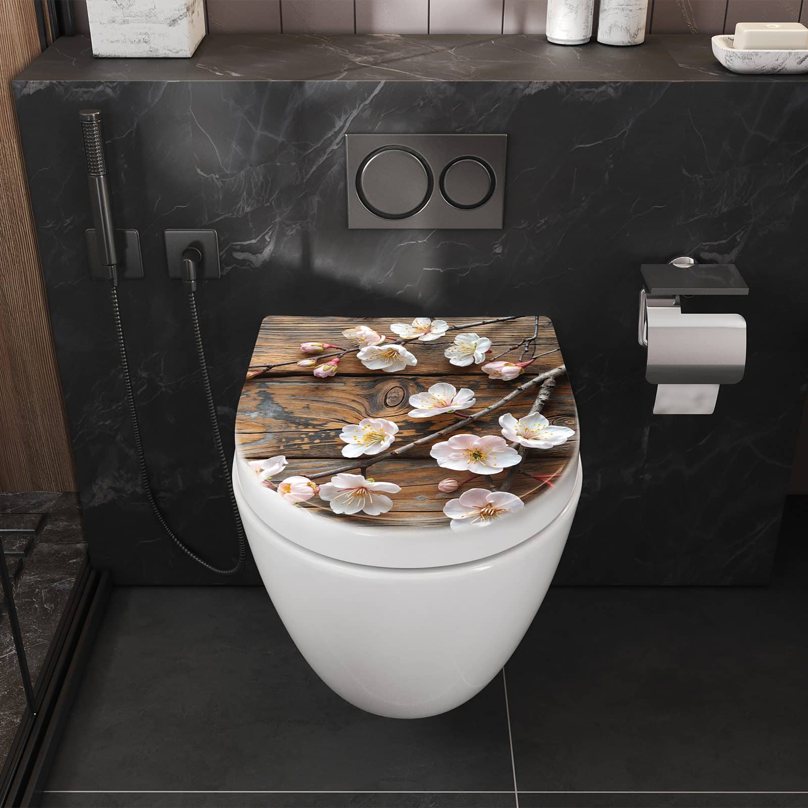 WC-Sitz mit Absenkautomatik Kirschblüten Holz
