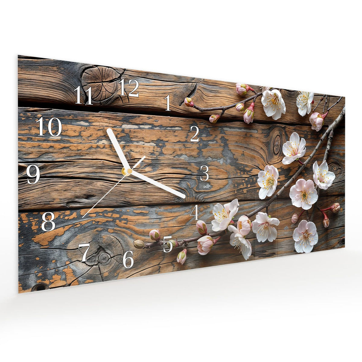 Vormontiert – mit Schwebeeffekt – Wanduhr Kirschblüten Holz aus Glas – Querformat 60 × 30 cm