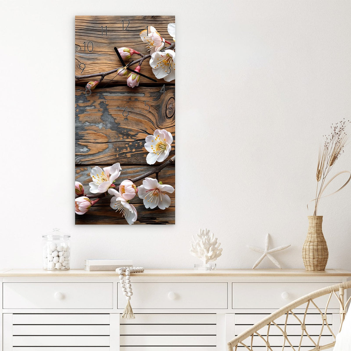 Wanduhr Kirschblüten Holz aus Glas – Kirschblütenzweige auf dunklem Holz