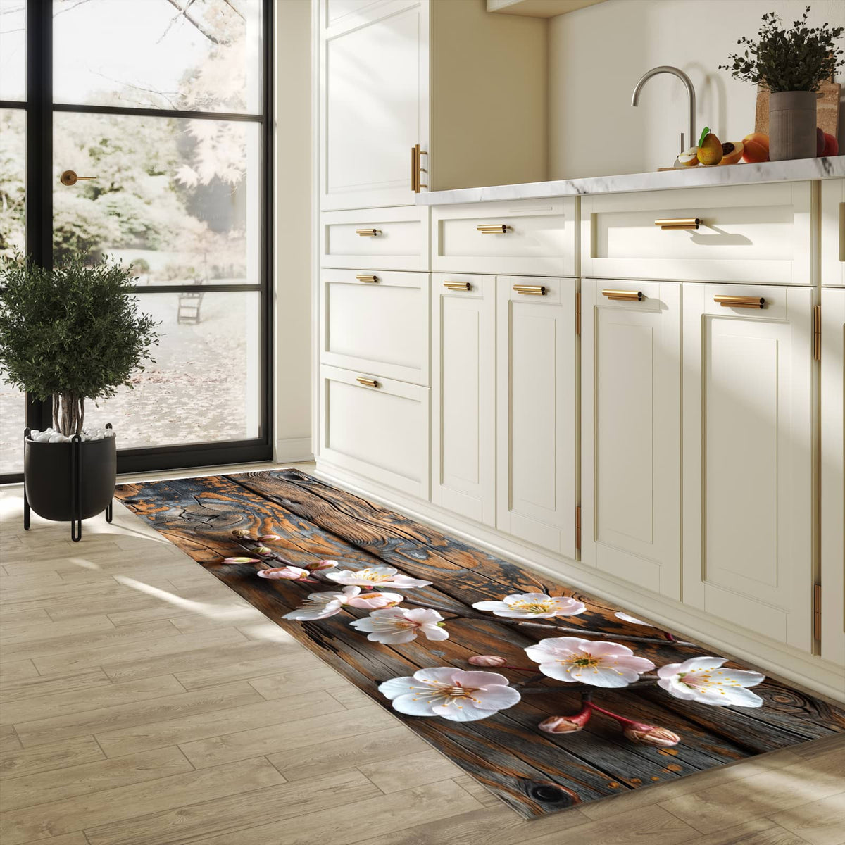 Rutschfester Küchenläufer mit Motiv Kirschblüten Holz in heller Küche zum Waschen