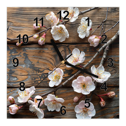Wanduhr Quadratisch mit dem Motiv Kirschblüten auf Altholz