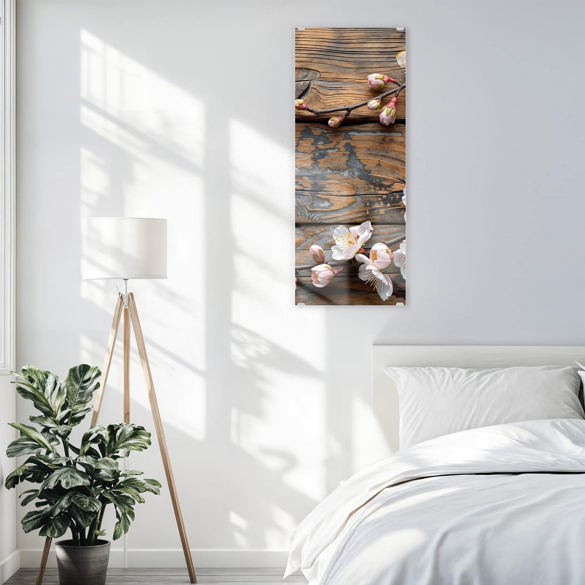 Glasbild Kirschblüten auf Altholz an der Wand – Kirschblütenzweige liegen auf grob verwitterten, braun-grauen Holzbohlen