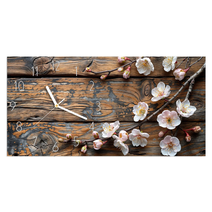 Wanduhr Kirschblüten Holz aus Glas – Querformat 60 × 30 cm mit Ziffernblatt Elegant