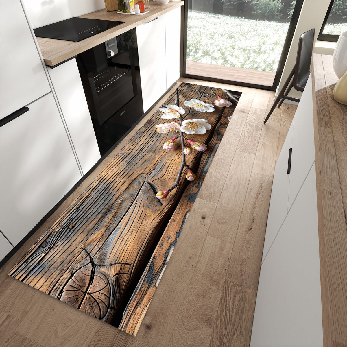 Pflegeleichter Küchenteppich mit Motiv Kirschblüten Holz in moderner Küche