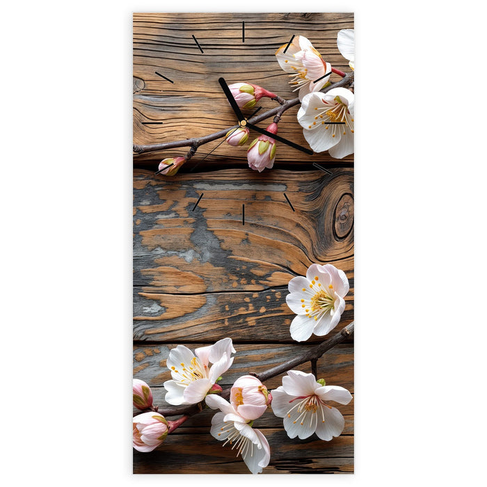 Wanduhr Kirschblüten Holz aus Glas – Hochformat 30 × 60 cm mit Ziffernblatt Linie