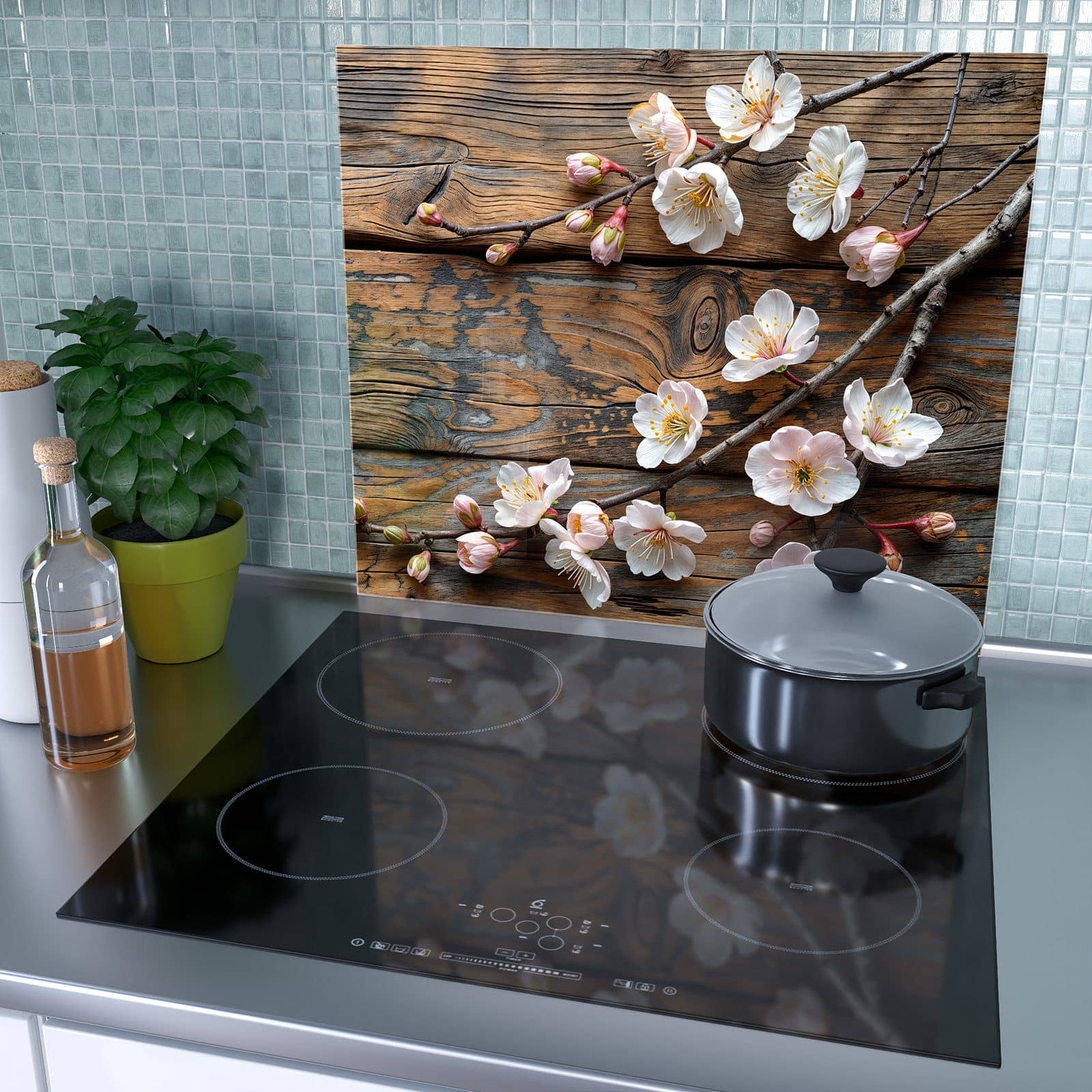 1-teilige Herdabdeckplatte mit Kirschblüten Holz-Motiv als Spritzschutz hinter dem Kochfeld