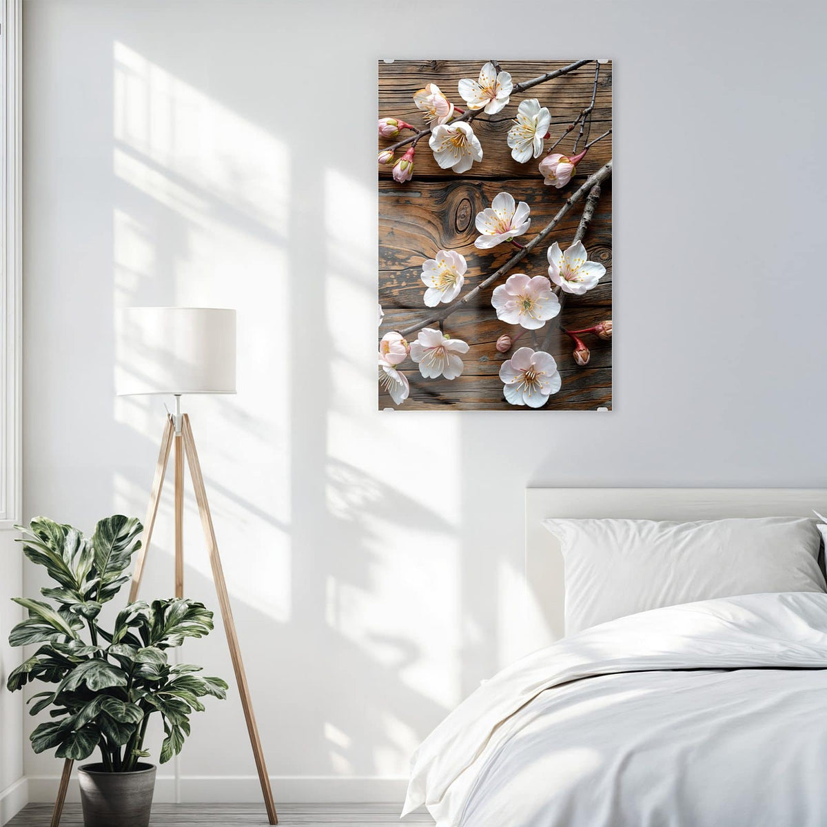 Glasbild Kirschblüten auf Altholz an der Wand – Kirschblütenzweige liegen auf grob verwitterten, braun-grauen Holzbohlen