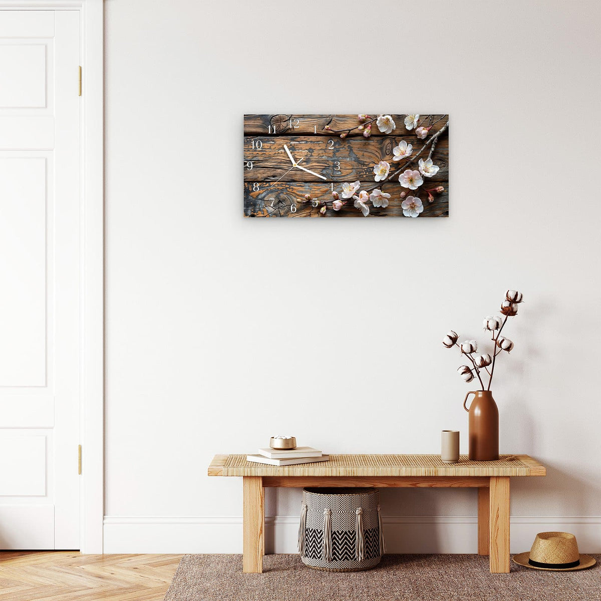 Moderne Wanduhr aus Glas mit Farbtiefe – Wanduhr Kirschblüten Holz aus Glas – Querformat 60 × 30 cm