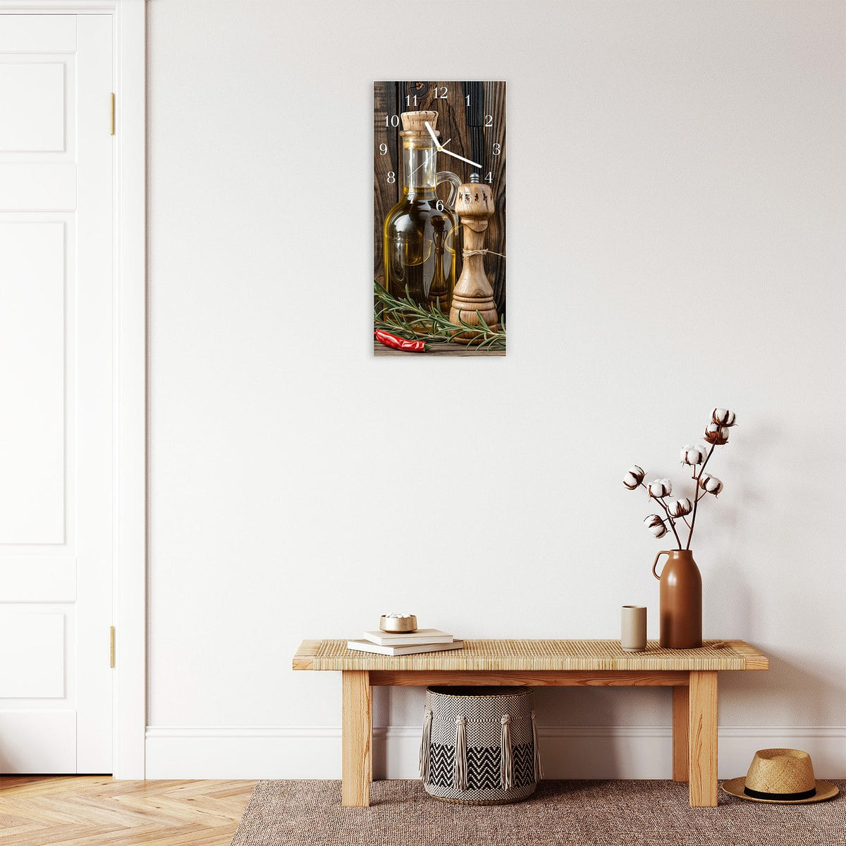 Moderne Wanduhr aus Glas mit Farbtiefe – Wanduhr Küchendekoration aus Glas – Hochformat 30 × 60 cm