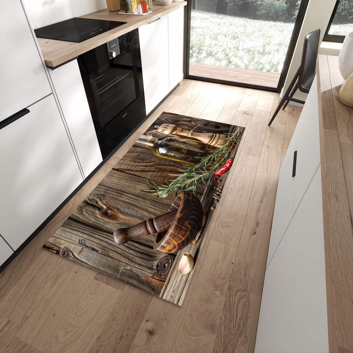 Zeitsparender langer Teppich mit Motiv Küchendekoration in moderner Küche
