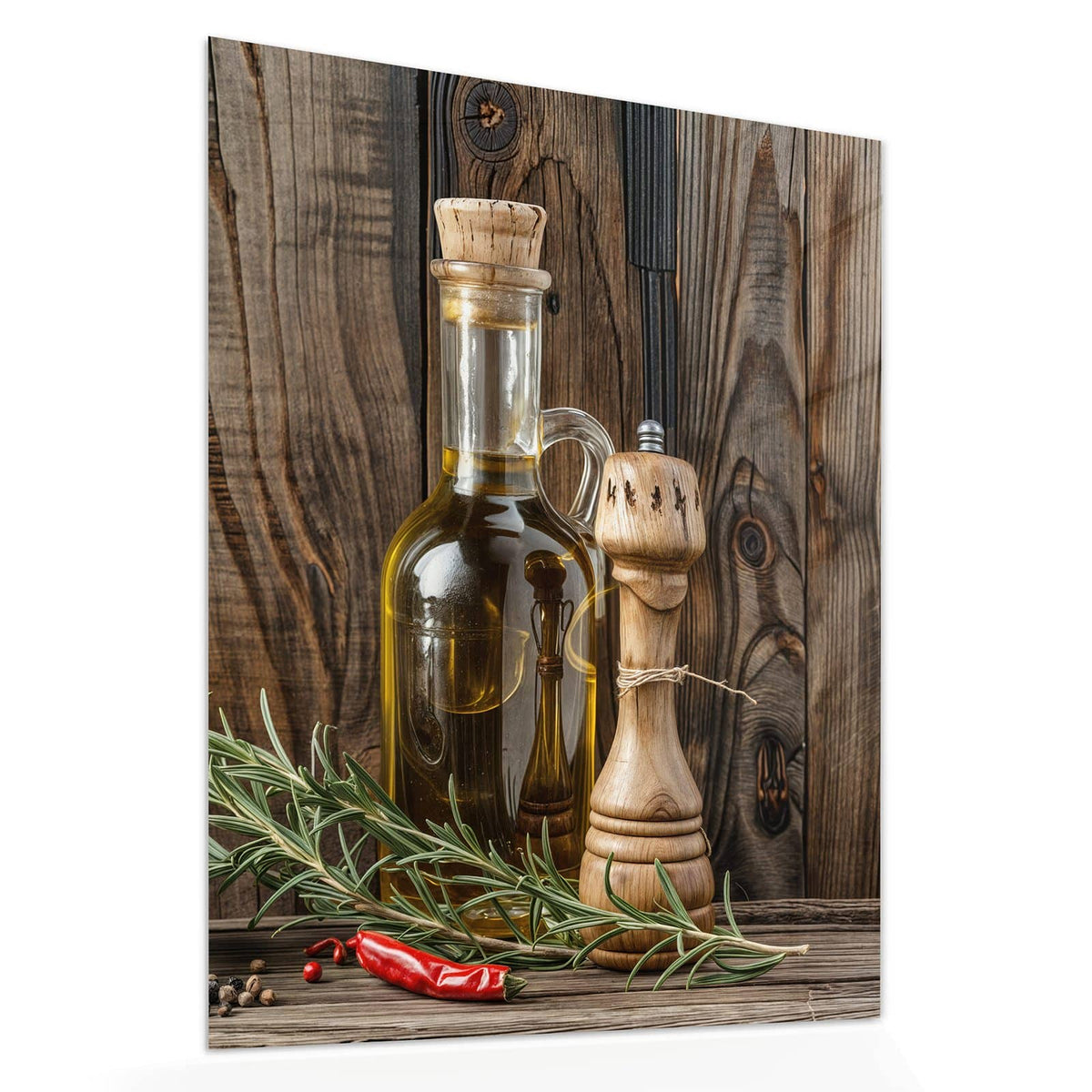 Echtglas, 4 mm – kein Acryl, keine Folie – Wandbild - Mörser und Olivenöl - Hochformat