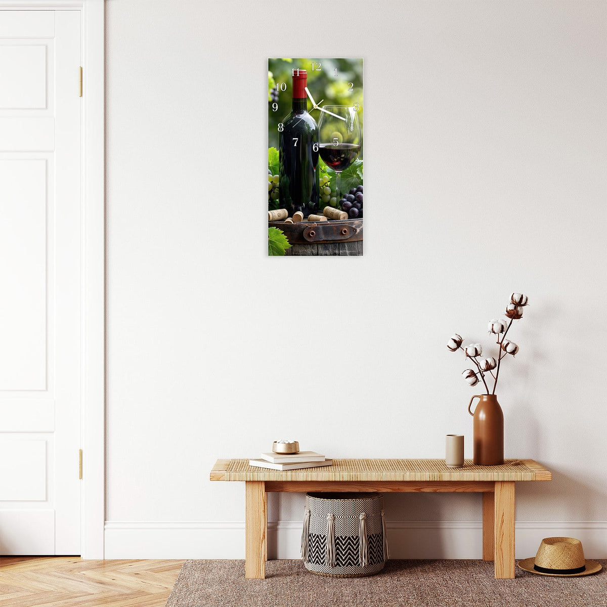 Moderne Wanduhr aus Glas mit Farbtiefe – Wanduhr Wein Und Trauben aus Glas – Hochformat 30 × 60 cm