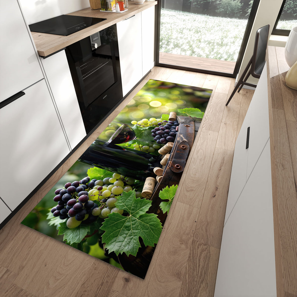 Hygienischer Küchenteppich mit Motiv Wein Und Trauben in moderner Küche
