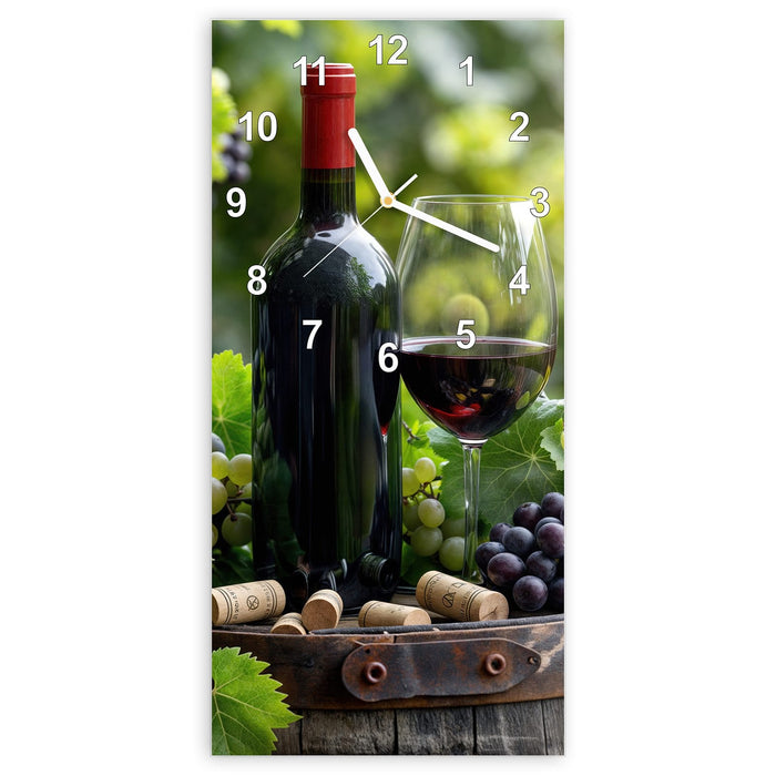 Wanduhr Wein Und Trauben aus Glas – Hochformat 30 × 60 cm mit Ziffernblatt Modern