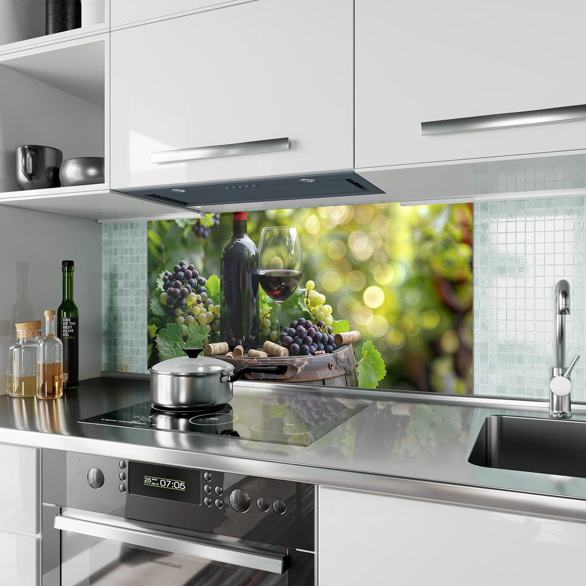 Küchenrückwand aus Glas Rotwein auf Holzfass im Hochformat als Spritzschutz hinter dem Kochfeld, über dem Fliesenspiegel montiert
