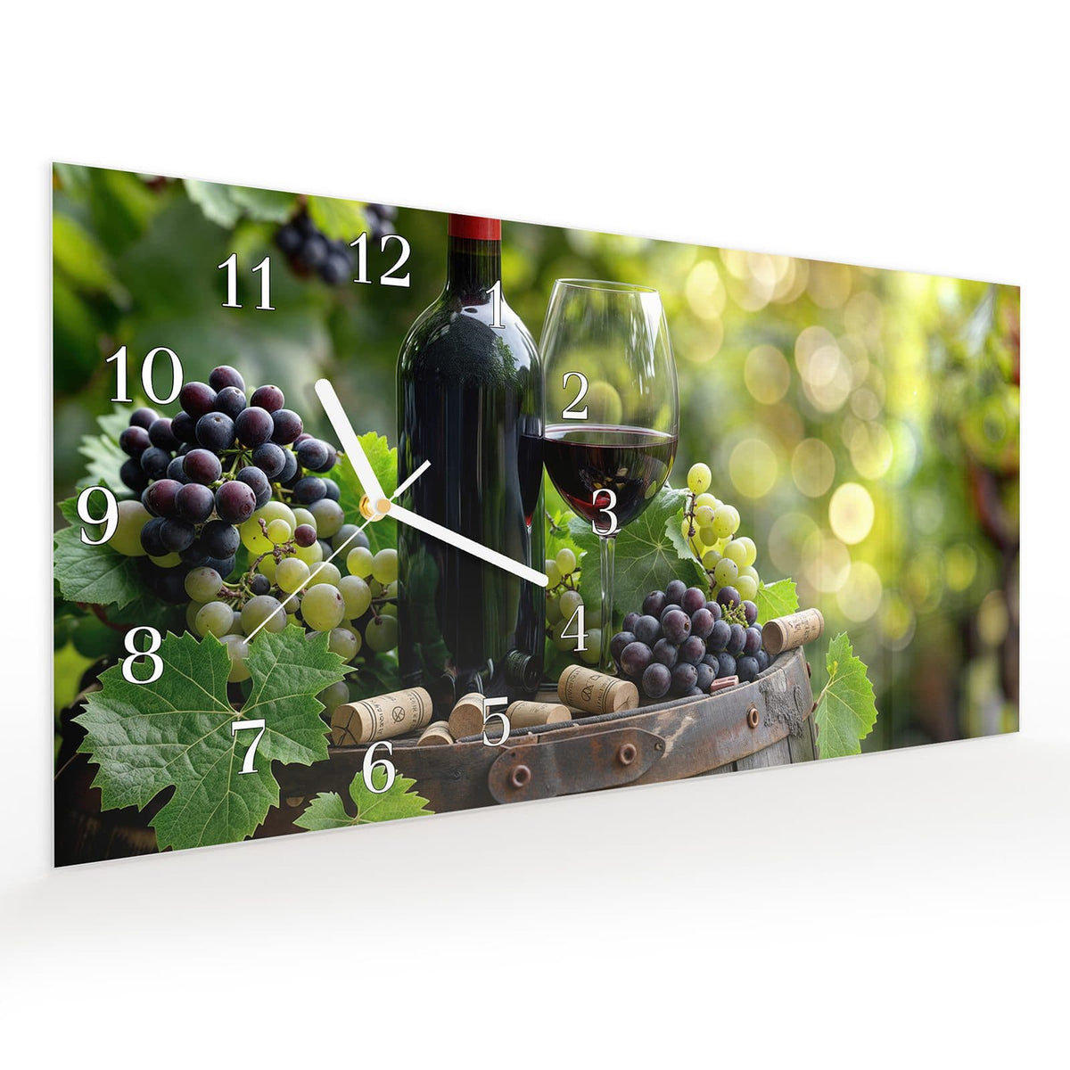 Vormontiert – mit Schwebeeffekt – Wanduhr Wein Und Trauben aus Glas – Querformat 60 × 30 cm