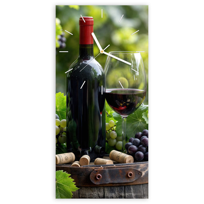 Wanduhr Wein Und Trauben aus Glas – Hochformat 30 × 60 cm mit Ziffernblatt Linie