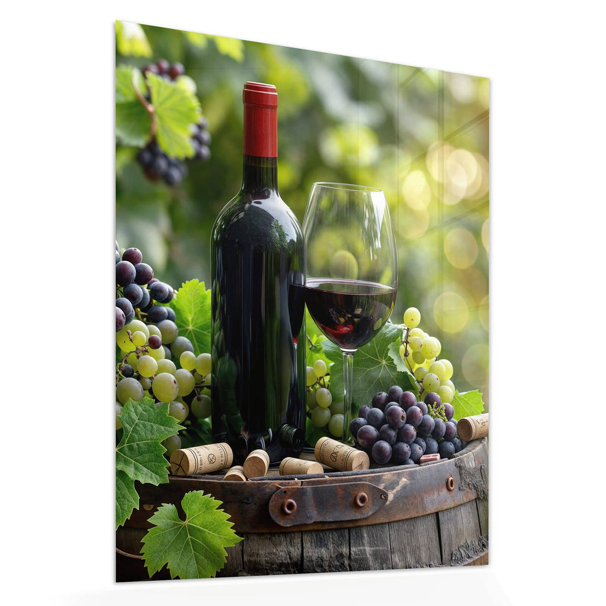 Echtglas, 4 mm – kein Acryl, keine Folie – Wandbild - Rotwein auf Holzfass - Hochformat