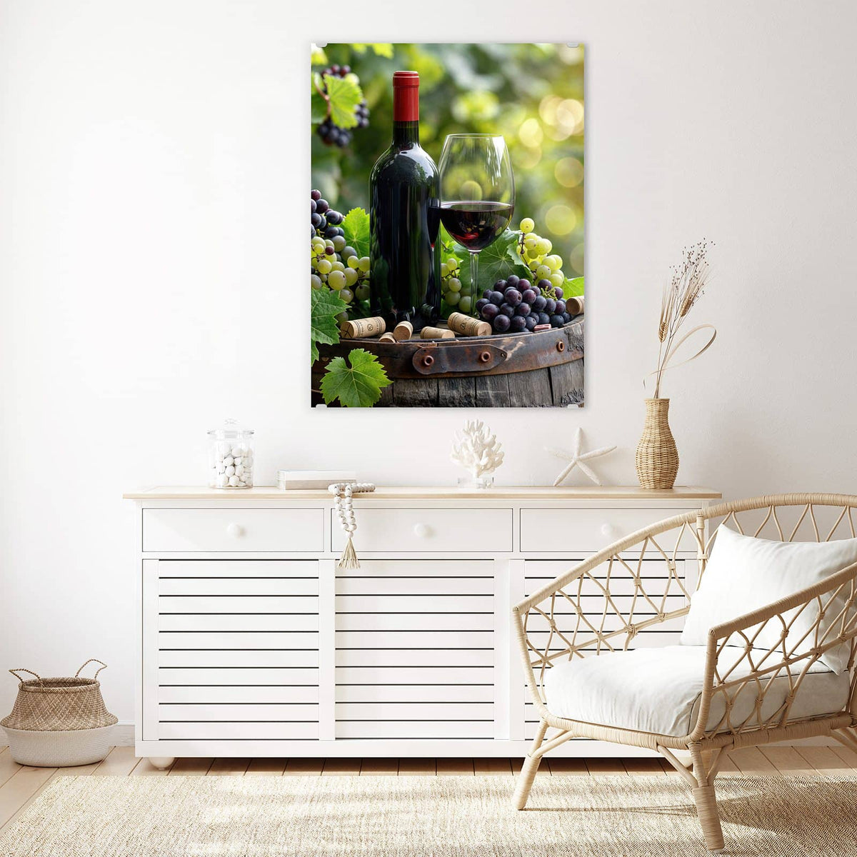 Aufhängung liegt bei – Motiv später wechselbar – Wandbild - Rotwein auf Holzfass - Hochformat