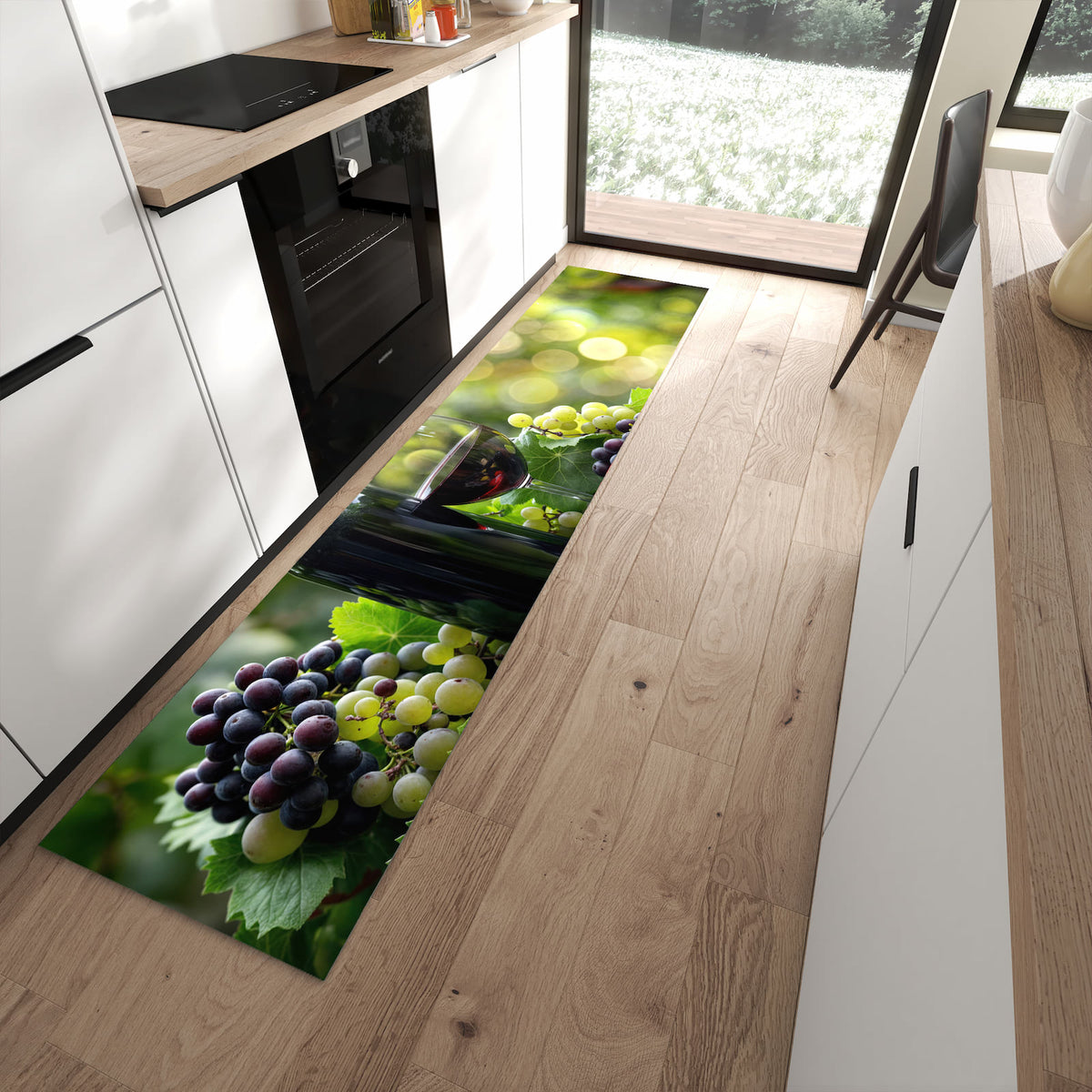Geruchsneutraler abwaschbarer Küchenteppich mit Motiv Wein Und Trauben in moderner Küche