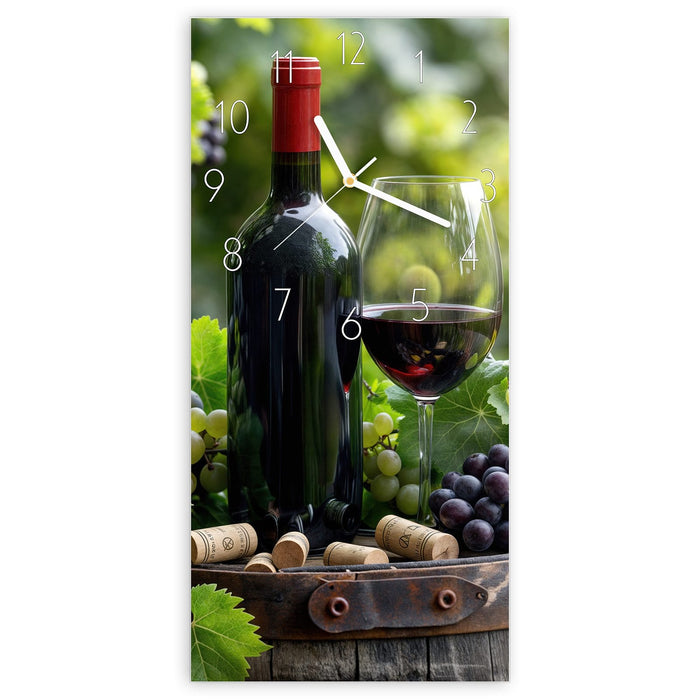 Wanduhr Wein Und Trauben aus Glas – Hochformat 30 × 60 cm mit Ziffernblatt Elegant