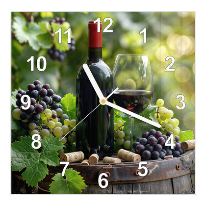 Wanduhr Quadratisch mit dem Motiv Rotwein auf Holzfass