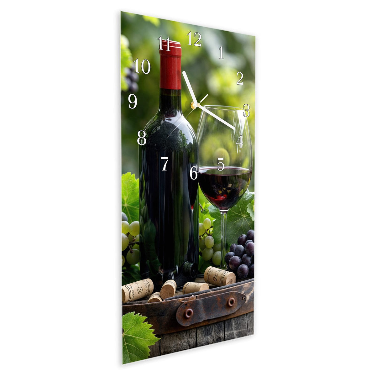 Vormontiert – mit Schwebeeffekt – Wanduhr Wein Und Trauben aus Glas – Hochformat 30 × 60 cm