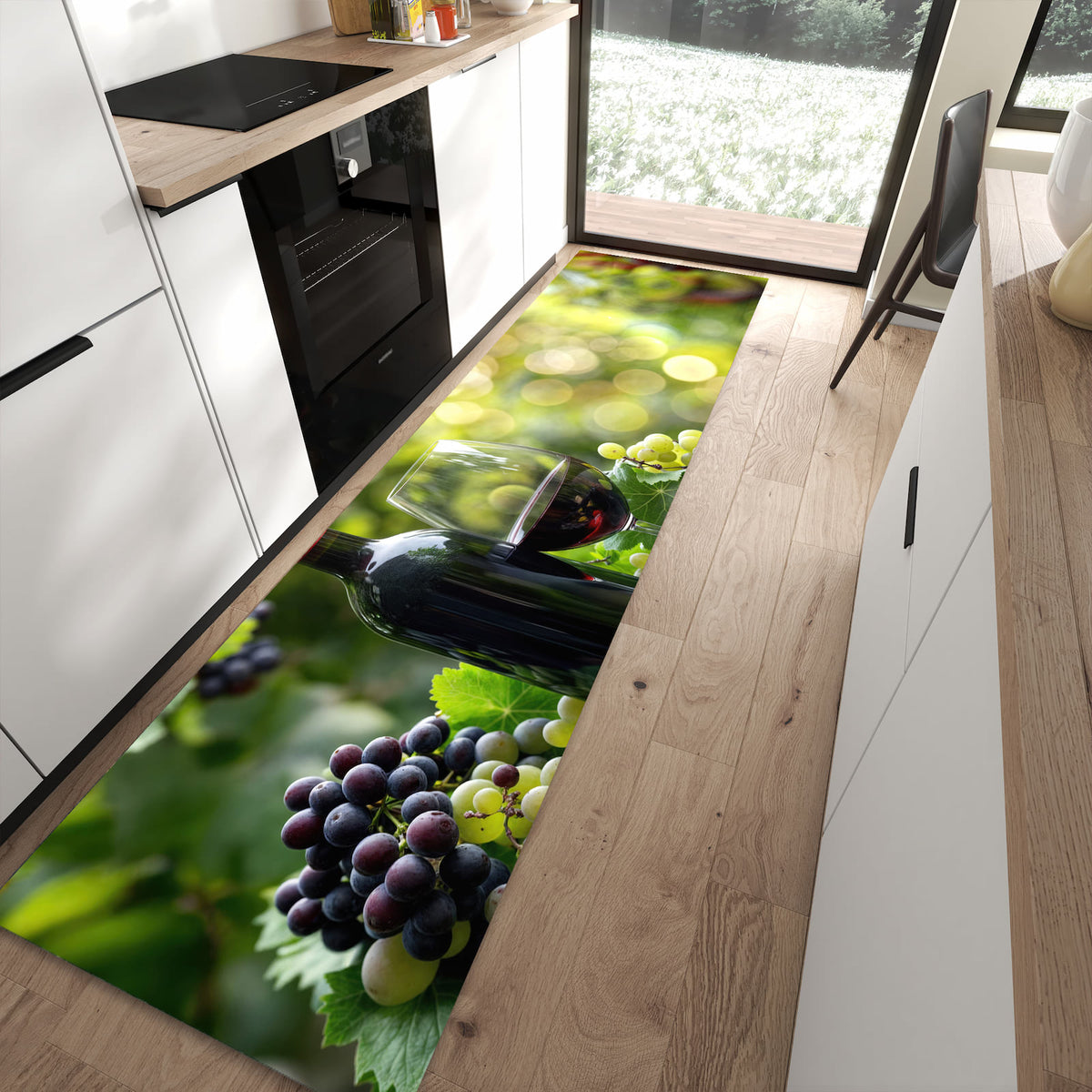 Pflegeleichter Küchenteppich mit Motiv Wein Und Trauben in moderner Küche