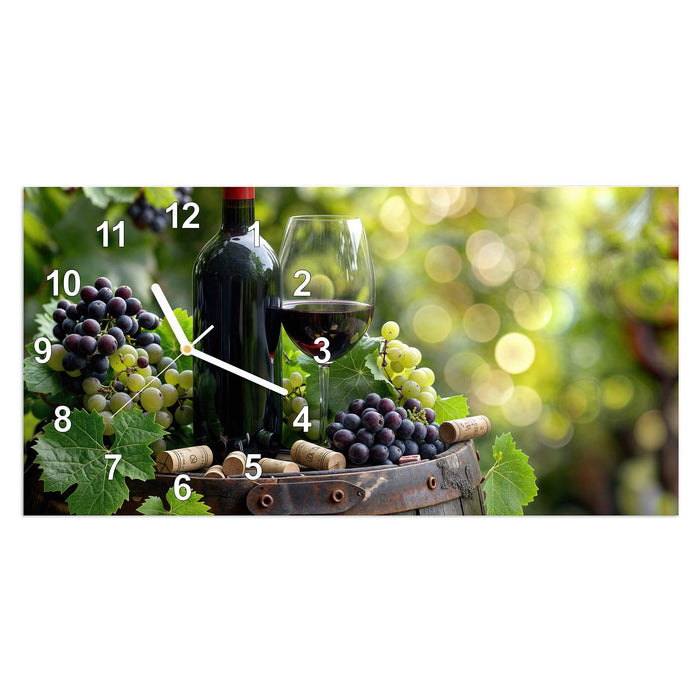 Wanduhr Wein Und Trauben aus Glas – Querformat 60 × 30 cm mit Ziffernblatt Modern
