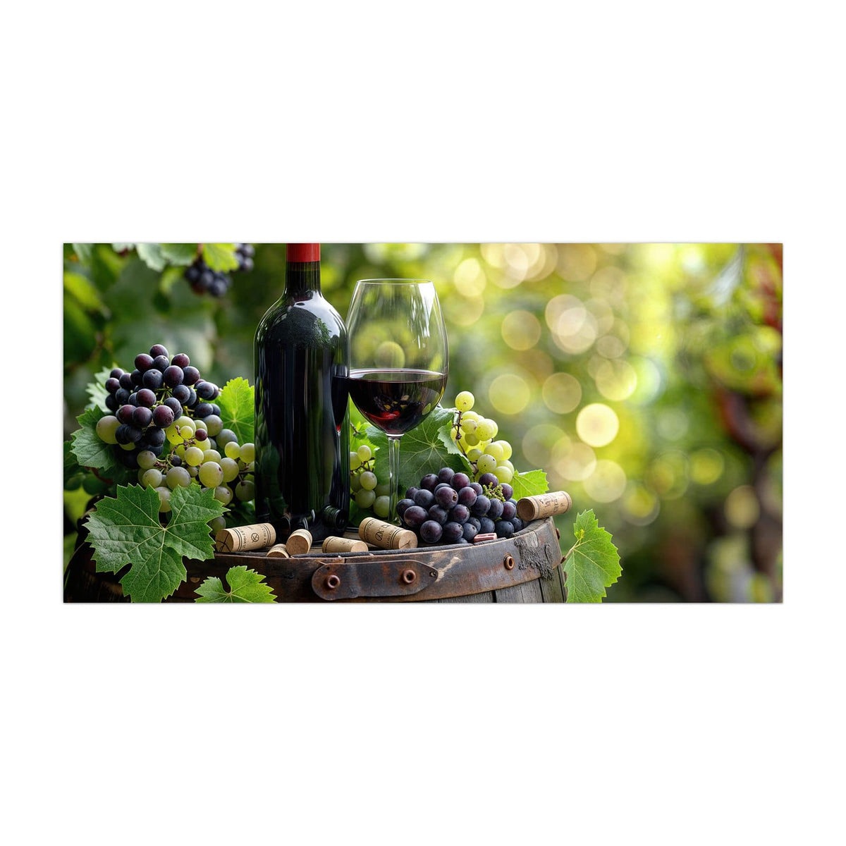 Küchenrückwand aus Glas Rotwein auf Holzfass im Hochformat, Motiv bildfüllend von vorn