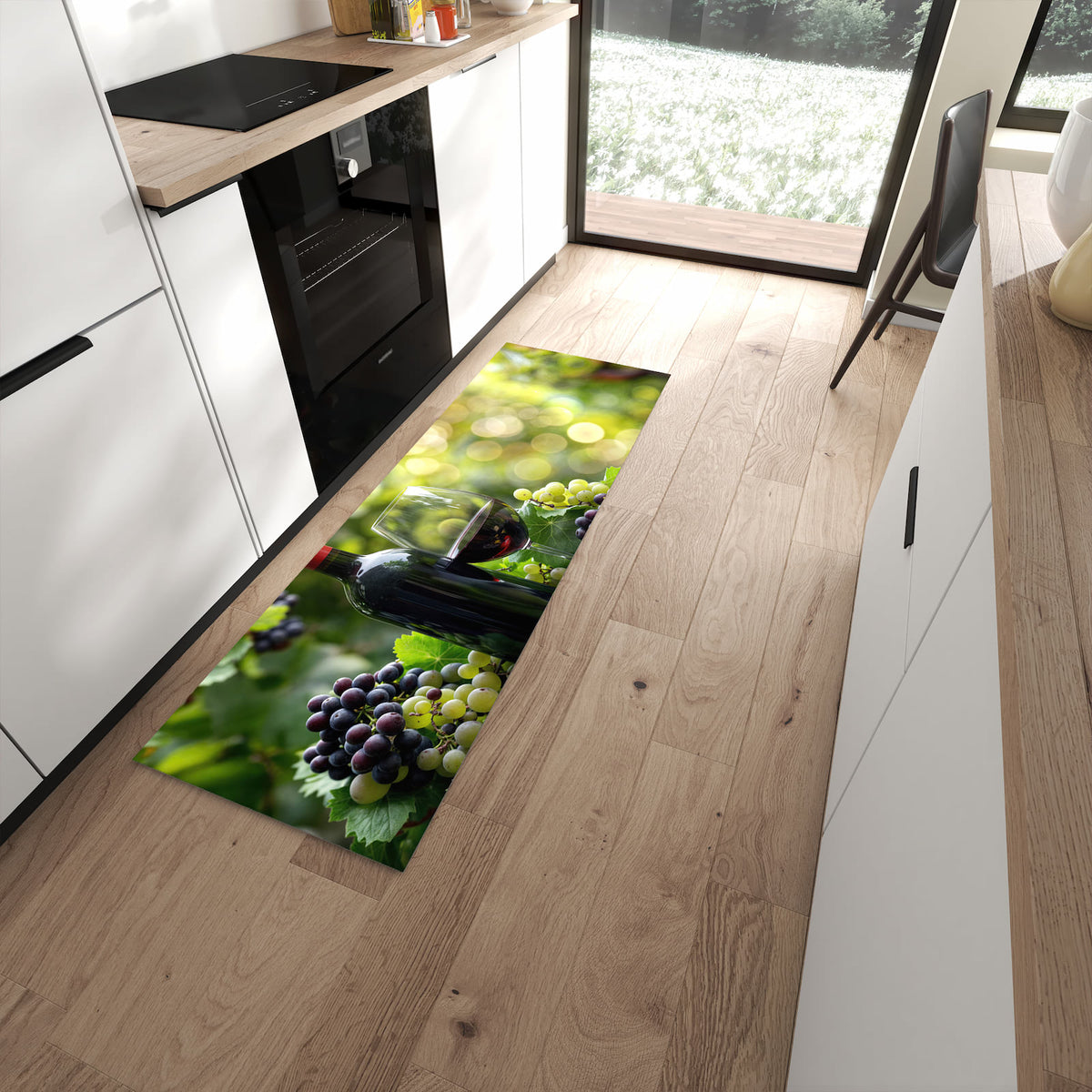 Fleckenresistenter moderner Küchenläufer mit Motiv Wein Und Trauben in moderner Küche