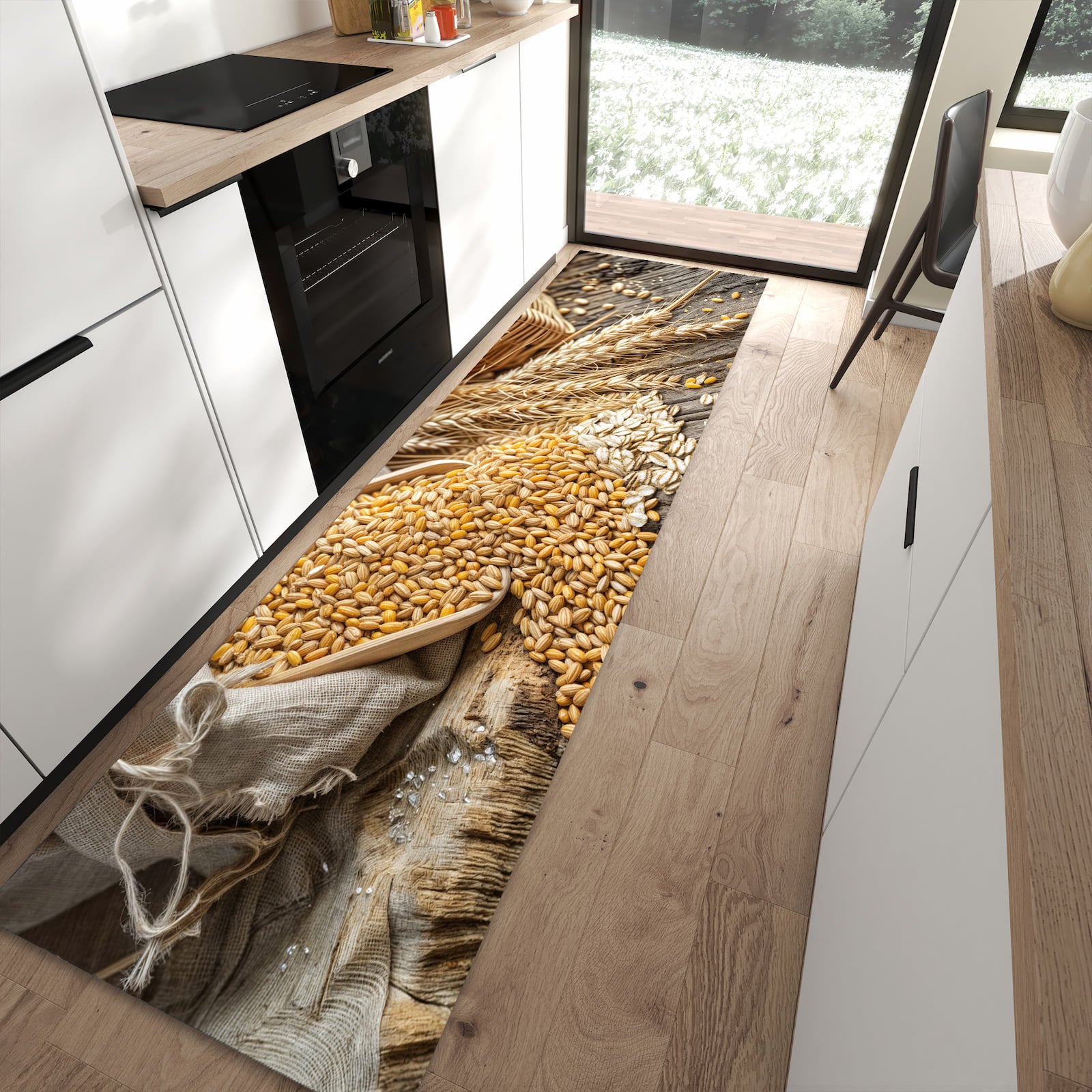 Formstabiler Küchenläufer mit Getreideernte-Motiv in moderner Küche, waschbar