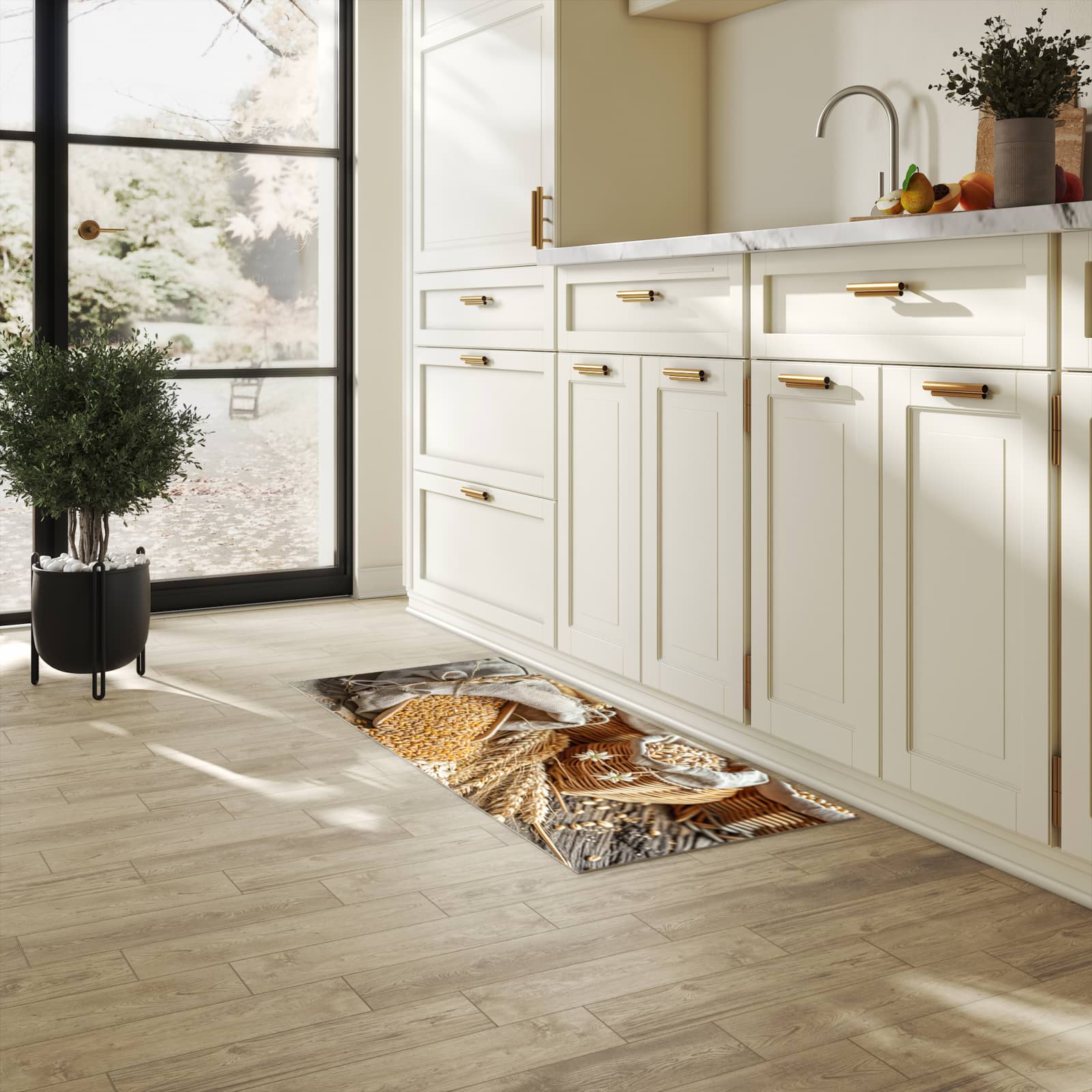 Bunter Küchenläufer mit Getreideernte-Motiv in der Küche, fleckenresistent