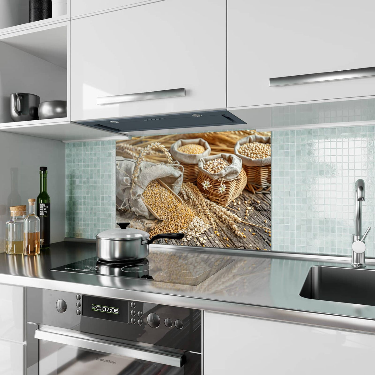 Küchenrückwand aus Glas Getreide in Körben im Hochformat als Spritzschutz hinter dem Kochfeld, über dem Fliesenspiegel montiert