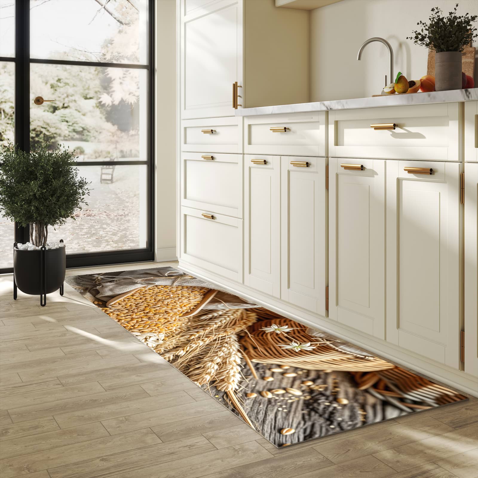 Geräuschdämpfender Küchenläufer mit Getreideernte-Motiv in der Küche