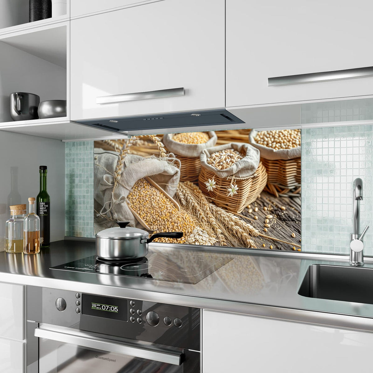 Küchenrückwand aus Glas Getreide in Körben im Hochformat als Spritzschutz hinter dem Kochfeld, über dem Fliesenspiegel montiert