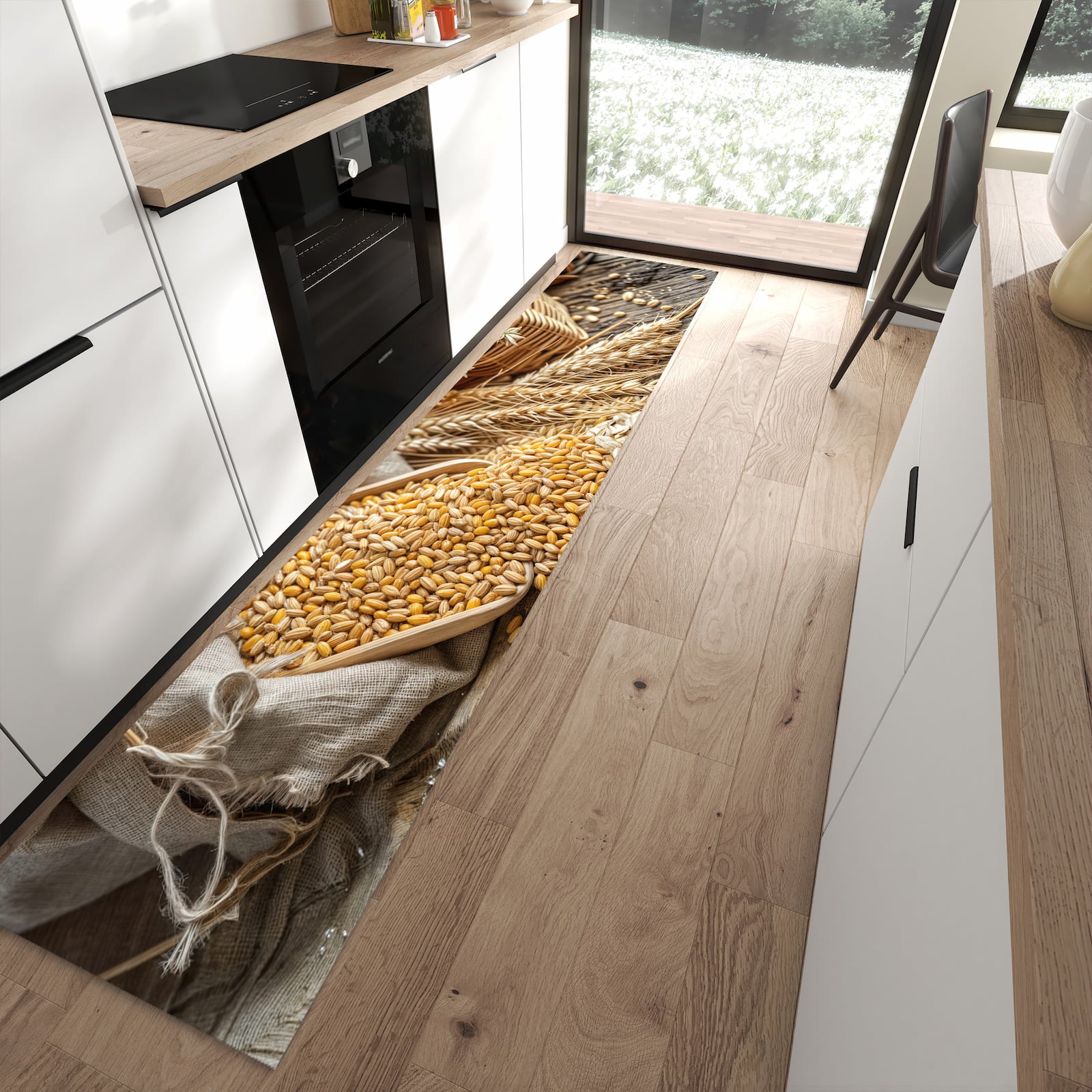 Rutschhemmender Küchenteppich mit Getreideernte-Motiv in moderner Küche