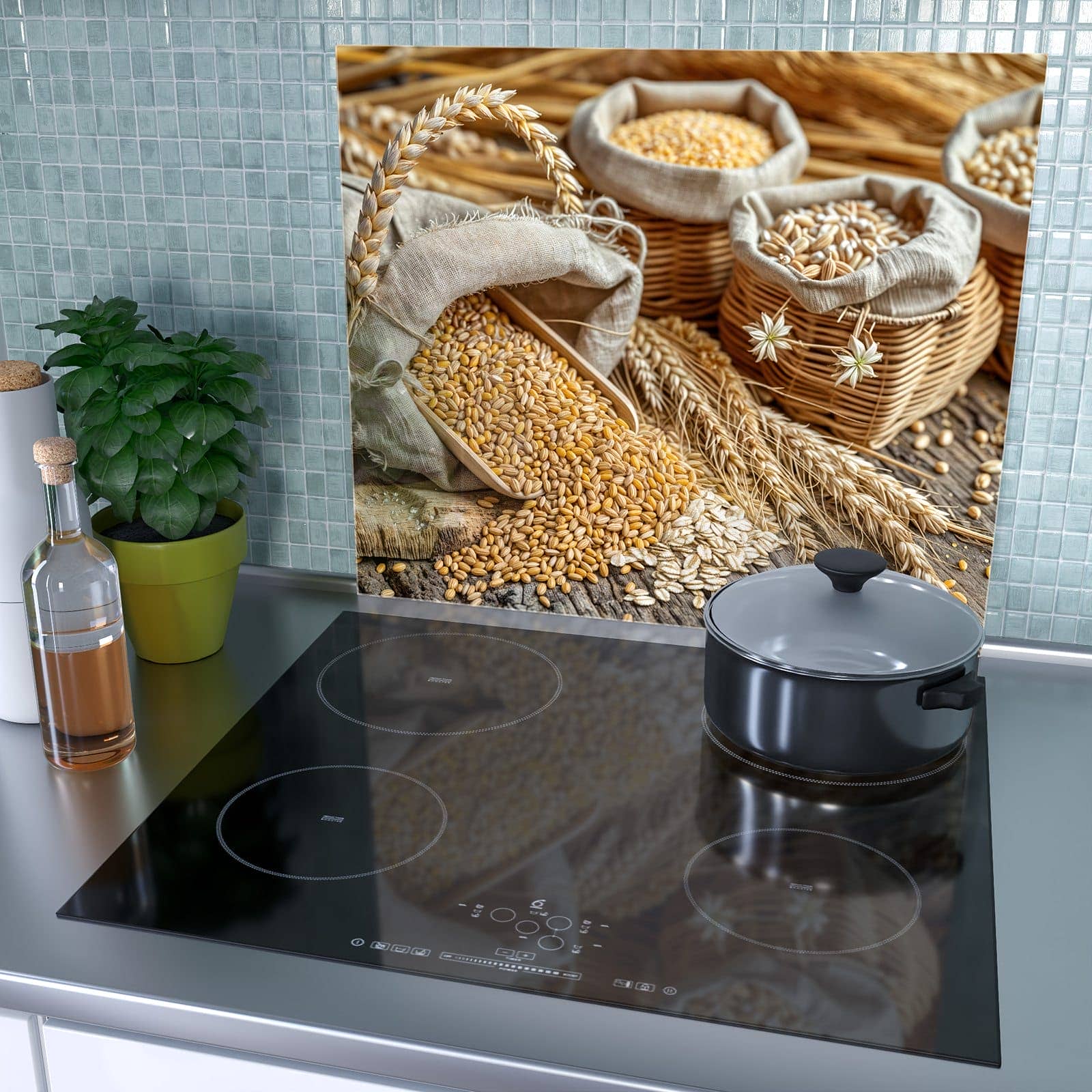 1-teilige Herdabdeckplatte mit Getreideernte-Motiv als Spritzschutz hinter dem Kochfeld