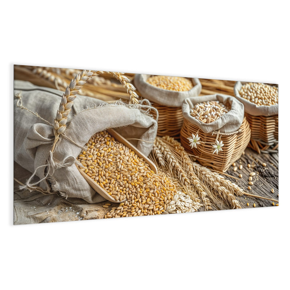 Drei Körbe mit Leineneinsatz voller Weizen, Mais und Bohnen, davor Ähren und ausgeschüttete Körner