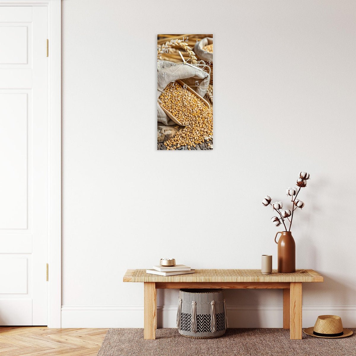 Moderne Wanduhr aus Glas mit Farbtiefe – Wanduhr Getreideernte aus Glas – Hochformat 30 × 60 cm