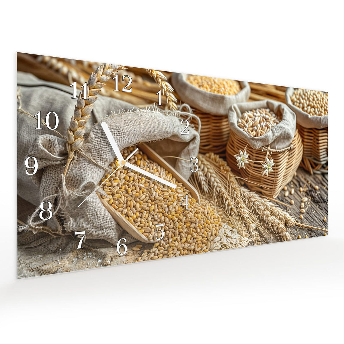 Vormontiert – mit Schwebeeffekt – Wanduhr Getreideernte aus Glas – Querformat 60 × 30 cm