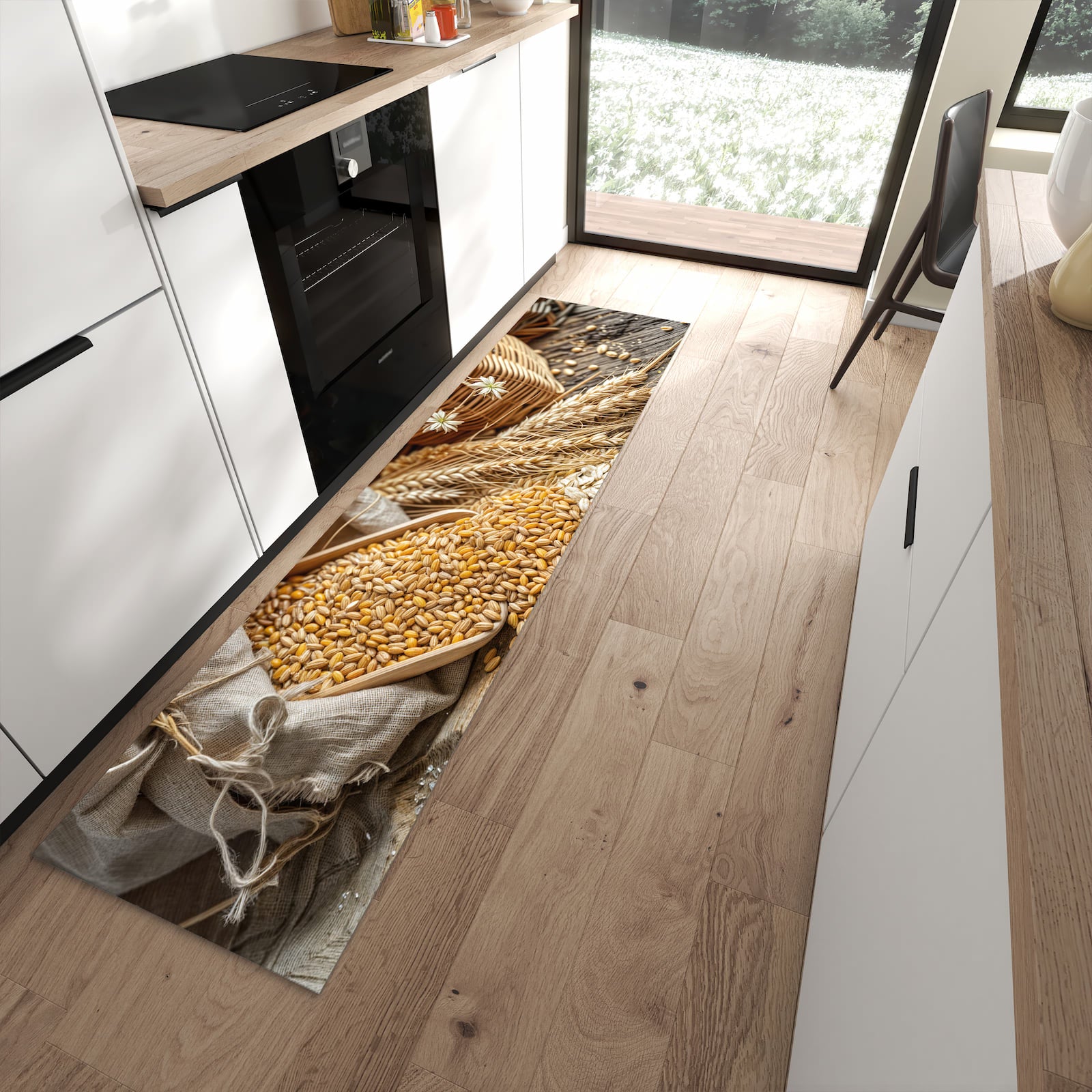 Geräuschdämpfender Bodenläufer mit Getreideernte-Motiv in moderner Küche