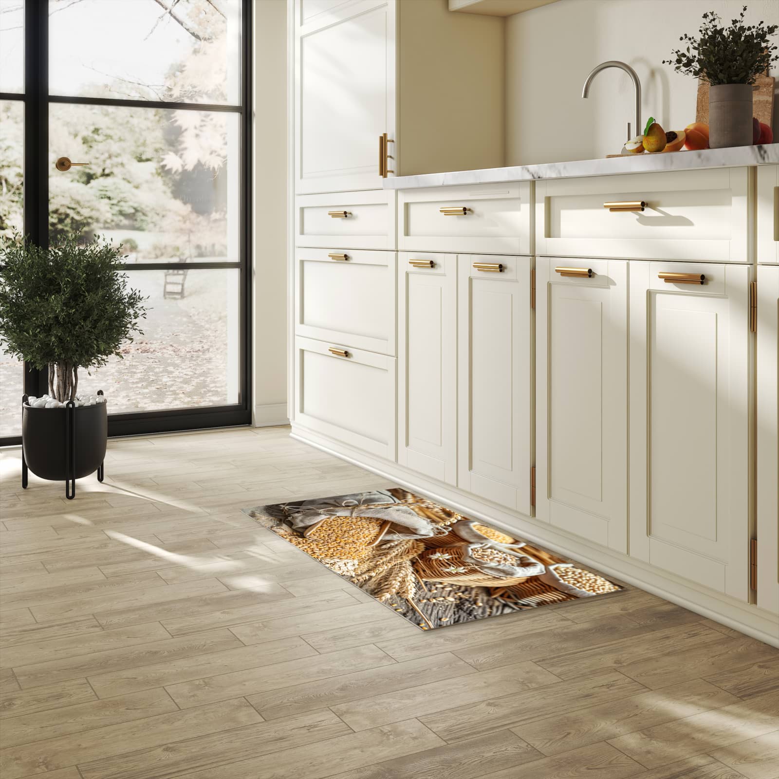 UV-beständiger Küchenläufer nach Maß mit Getreideernte-Motiv in der Küche