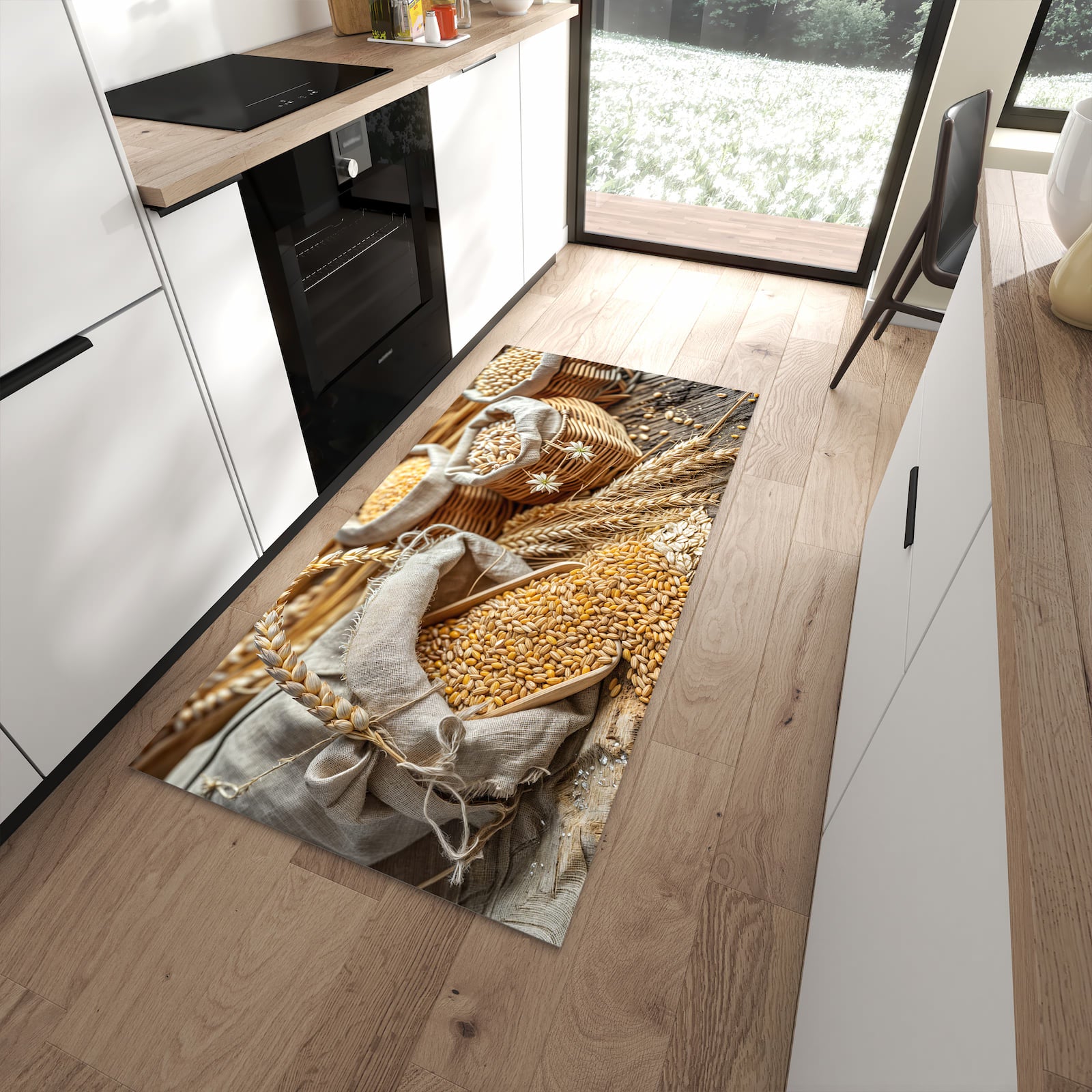 Waschbarer Küchenläufer mit Getreideernte-Motiv in moderner Küche, feuchtigkeitsresistent