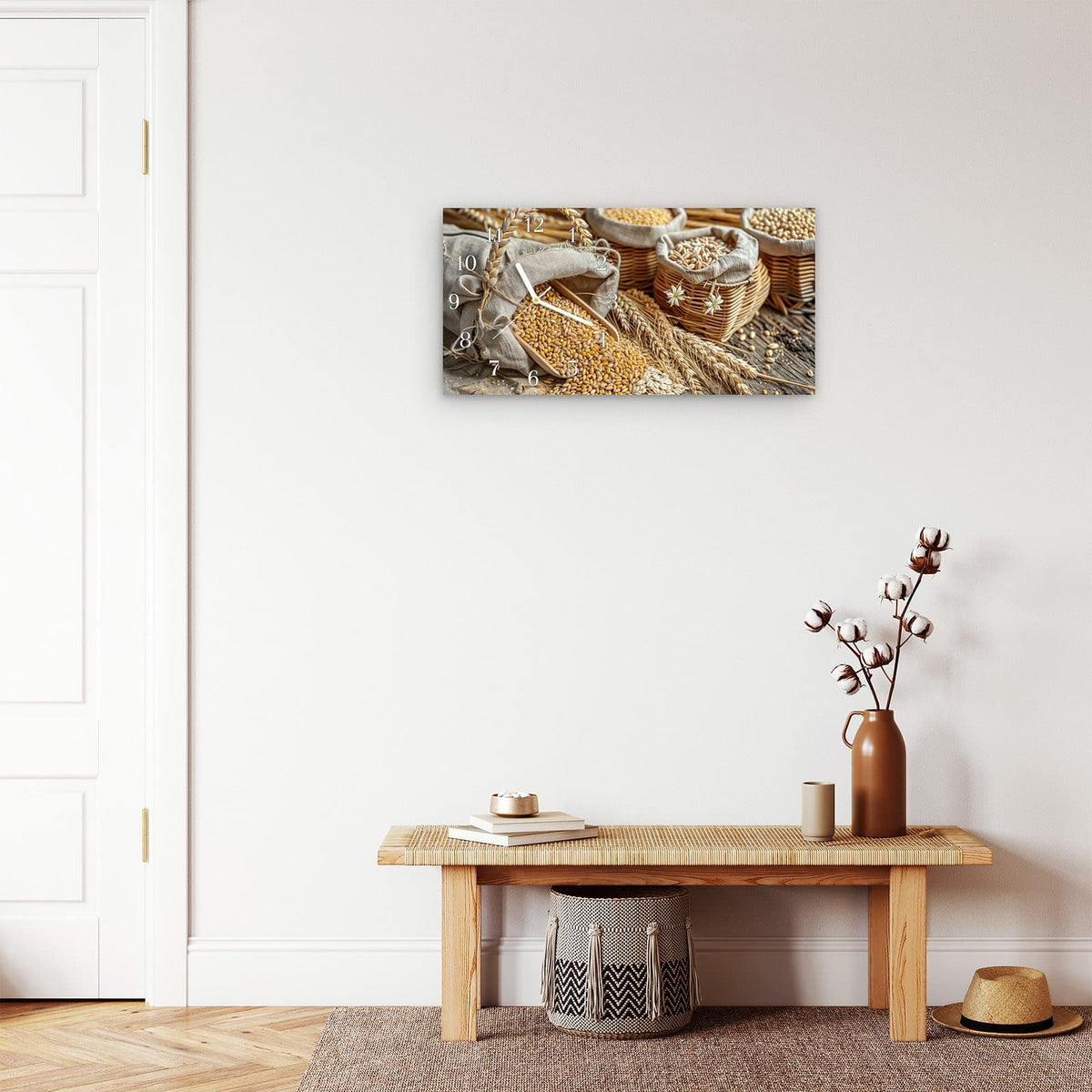 Moderne Wanduhr aus Glas mit Farbtiefe – Wanduhr Getreideernte aus Glas – Querformat 60 × 30 cm