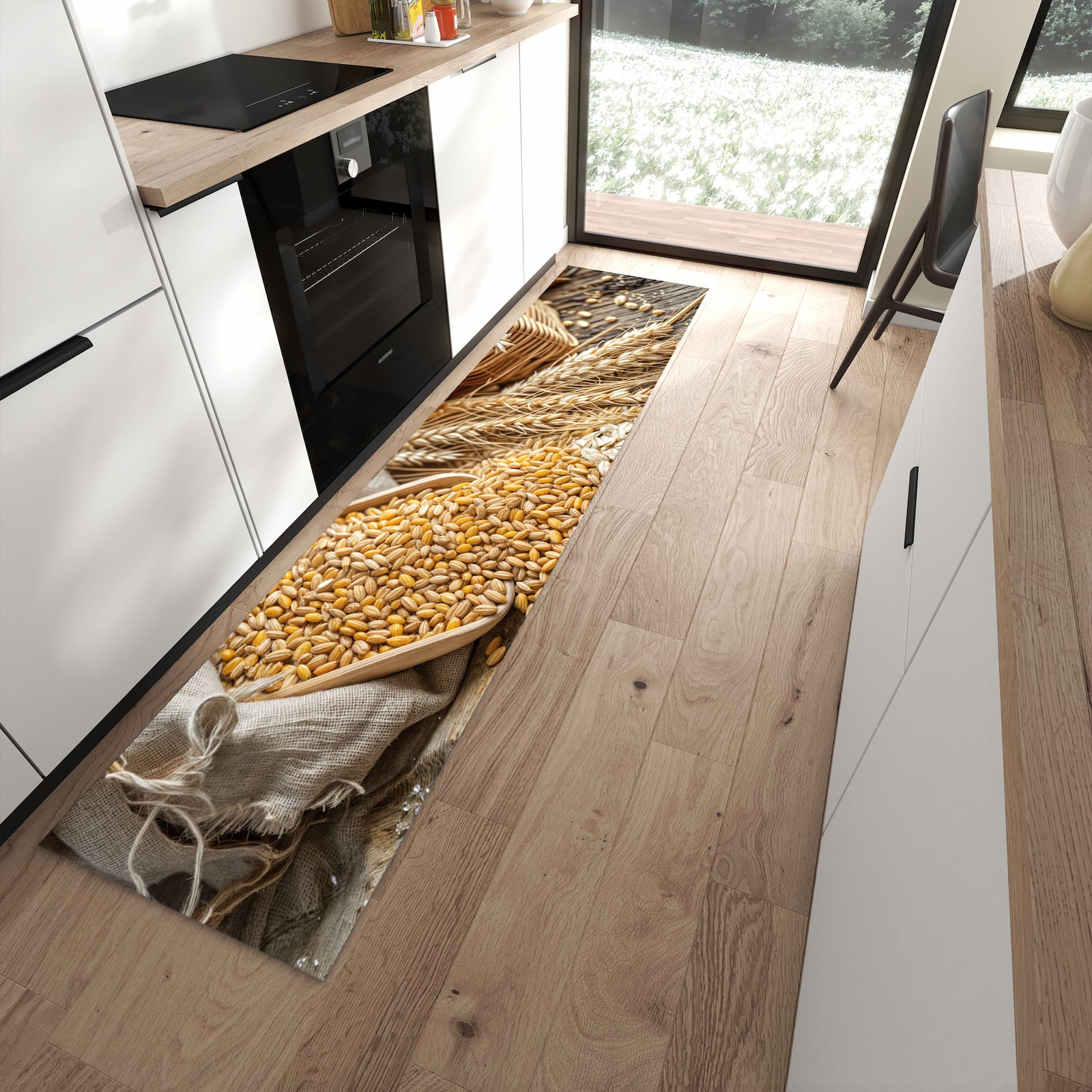 Pflegeleichter Bodenläufer mit Getreideernte-Motiv in moderner Küche
