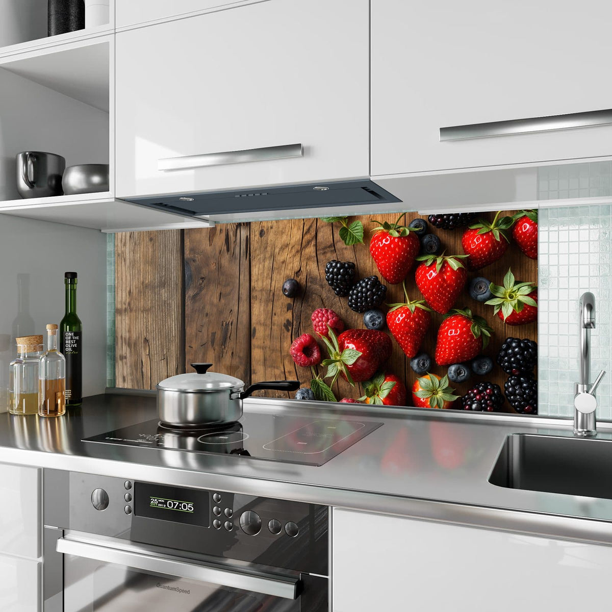 Küchenrückwand aus Glas Beerenmix auf Holz im Hochformat als Spritzschutz hinter dem Kochfeld, über dem Fliesenspiegel montiert