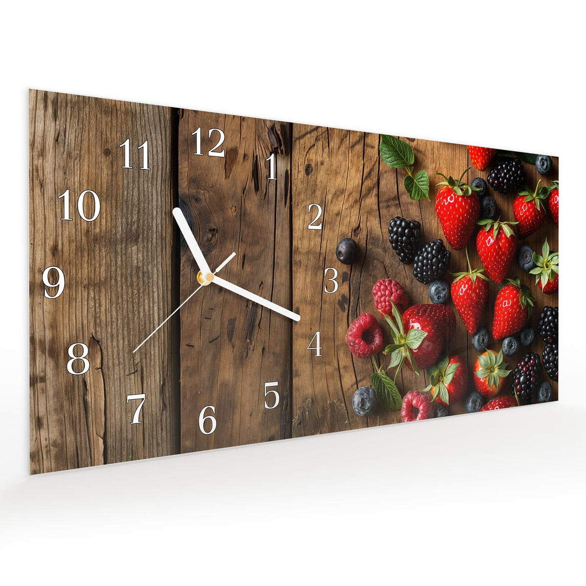 Vormontiert – mit Schwebeeffekt – Wanduhr Frische Beeren Exquisit aus Glas – Querformat 60 × 30 cm