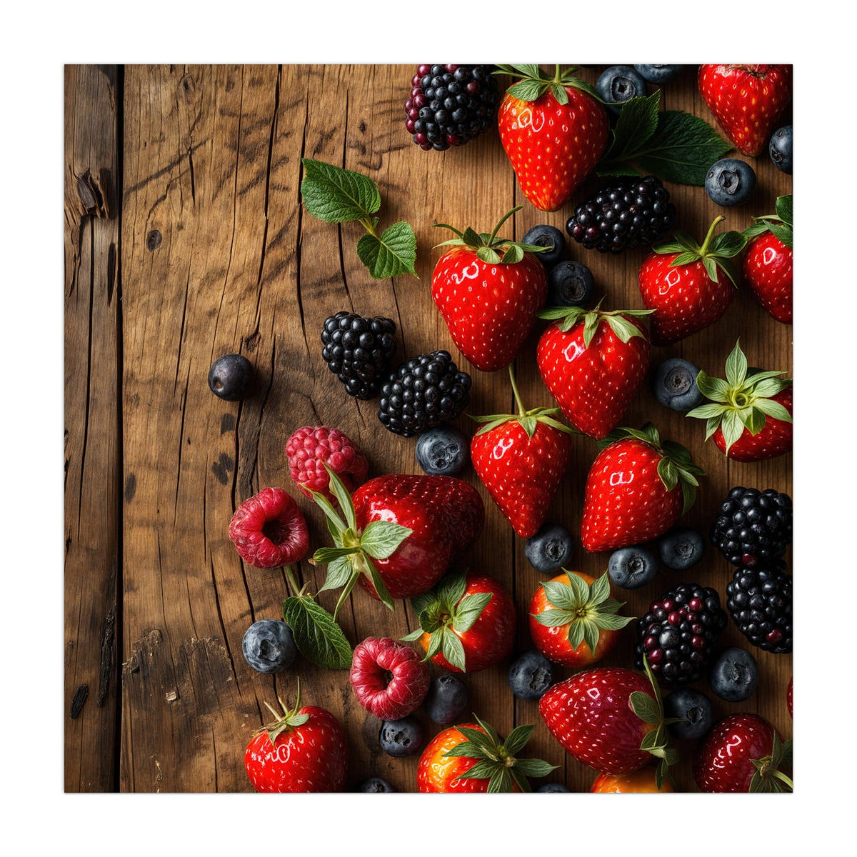 Erdbeeren, Brombeeren, Blaubeeren und Himbeeren mit Minze auf dunkel gemasertem Altholz